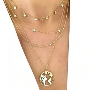 Funky simple multi layer golden star hollow pendants long chain necklace